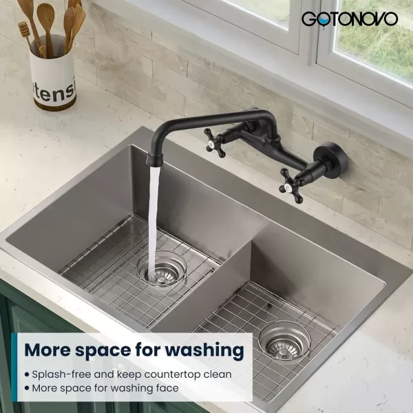 imagegotonovo Wall Mount Kitchen Faucet 8 Inch Center 9 Inch Spout Reach 2 Cross Handle Matte Black Victorian Kitchen Sink FaucetsMatte Black