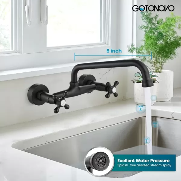imagegotonovo Wall Mount Kitchen Faucet 8 Inch Center 9 Inch Spout Reach 2 Cross Handle Matte Black Victorian Kitchen Sink FaucetsMatte Black
