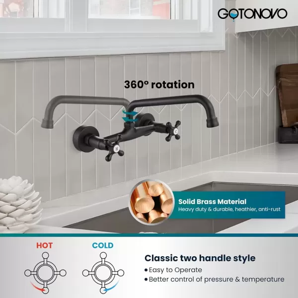 imagegotonovo Wall Mount Kitchen Faucet 8 Inch Center 9 Inch Spout Reach 2 Cross Handle Matte Black Victorian Kitchen Sink FaucetsMatte Black