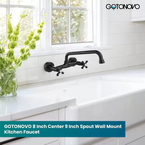 imagegotonovo Wall Mount Kitchen Faucet 8 Inch Center 9 Inch Spout Reach 2 Cross Handle Matte Black Victorian Kitchen Sink FaucetsMatte Black