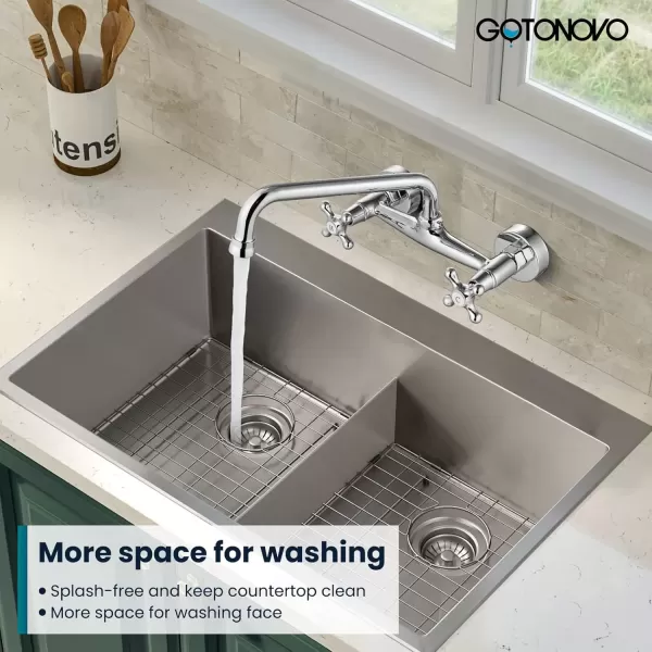 imagegotonovo Wall Mount Kitchen Faucet 8 Inch Center 9 Inch Spout Reach 2 Cross Handle Matte Black Victorian Kitchen Sink FaucetsPolish Chrome