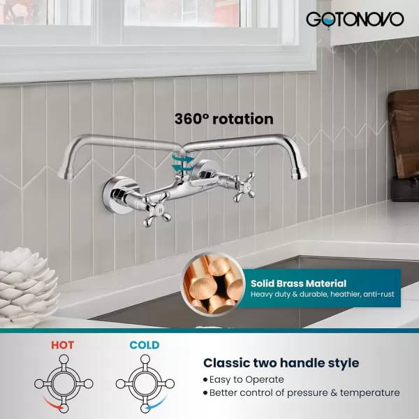 imagegotonovo Wall Mount Kitchen Faucet 8 Inch Center 9 Inch Spout Reach 2 Cross Handle Matte Black Victorian Kitchen Sink FaucetsPolish Chrome