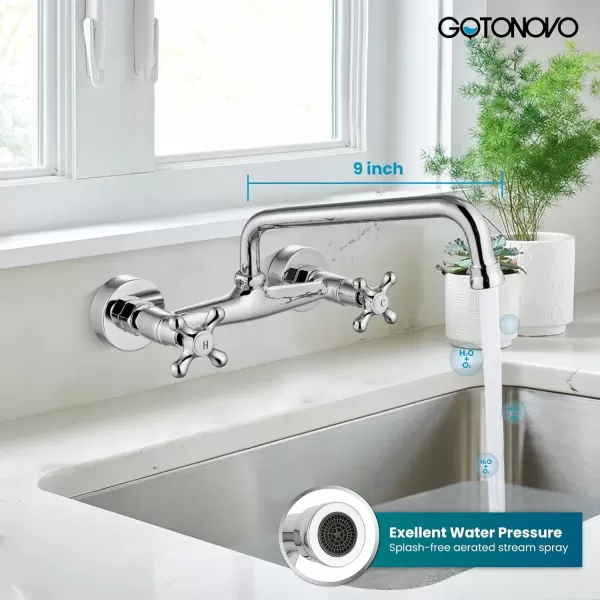 imagegotonovo Wall Mount Kitchen Faucet 8 Inch Center 9 Inch Spout Reach 2 Cross Handle Matte Black Victorian Kitchen Sink FaucetsPolish Chrome