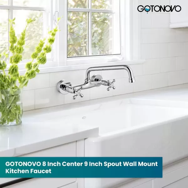 imagegotonovo Wall Mount Kitchen Faucet 8 Inch Center 9 Inch Spout Reach 2 Cross Handle Matte Black Victorian Kitchen Sink FaucetsPolish Chrome