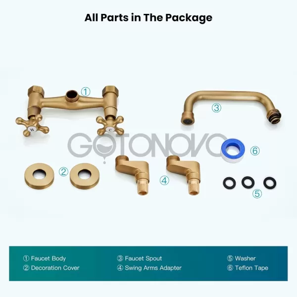 imagegotonovo Wall Mount Kitchen Faucet Matte Black Double Cross Handle Commercial 3 Inch to 9 Inch Adjustable Spread Mixer Tap with 9 inch Spout ReachAntique Brass