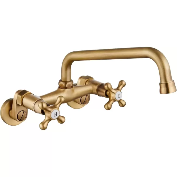 imagegotonovo Wall Mount Kitchen Faucet Matte Black Double Cross Handle Commercial 3 Inch to 9 Inch Adjustable Spread Mixer Tap with 9 inch Spout ReachAntique Brass