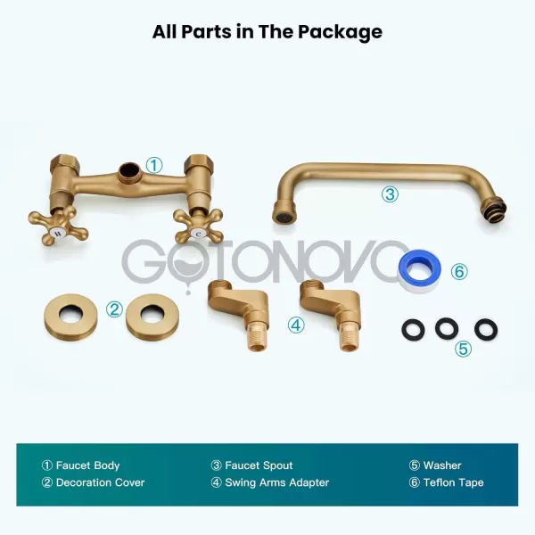 imagegotonovo Wall Mount Kitchen Faucet Matte Black Double Cross Handle Commercial 3 Inch to 9 Inch Adjustable Spread Mixer Tap with 9 inch Spout ReachAntique Brass