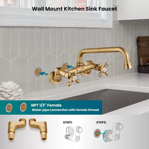 imagegotonovo Wall Mount Kitchen Faucet Matte Black Double Cross Handle Commercial 3 Inch to 9 Inch Adjustable Spread Mixer Tap with 9 inch Spout ReachAntique Brass