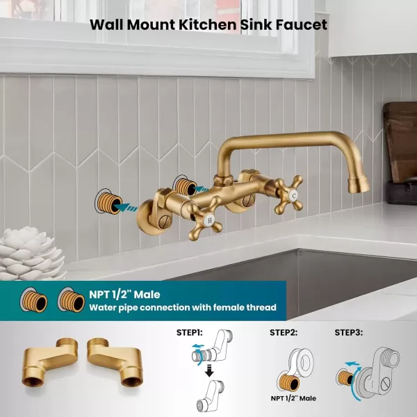 imagegotonovo Wall Mount Kitchen Faucet Matte Black Double Cross Handle Commercial 3 Inch to 9 Inch Adjustable Spread Mixer Tap with 9 inch Spout ReachAntique Brass