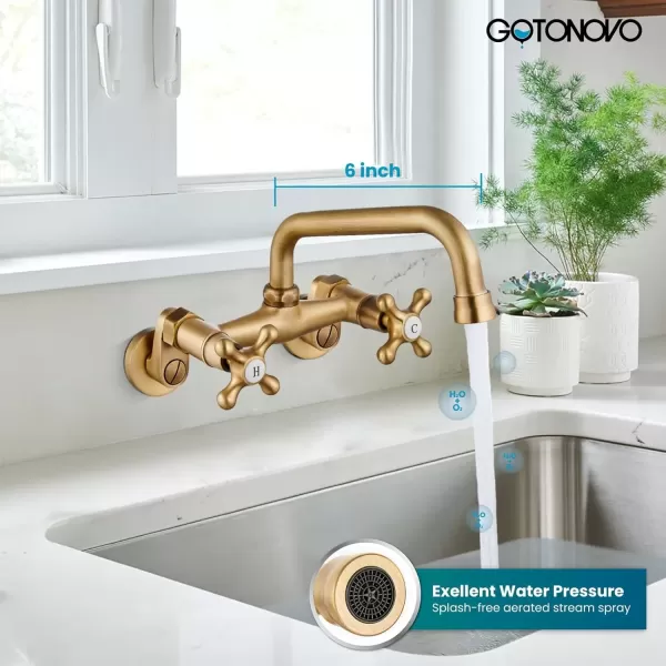 imagegotonovo Wall Mount Kitchen Faucet Matte Black Double Cross Handle Commercial 3 Inch to 9 Inch Adjustable Spread Mixer Tap with 9 inch Spout ReachAntique Brass