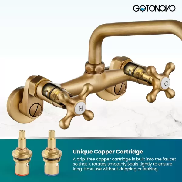 imagegotonovo Wall Mount Kitchen Faucet Matte Black Double Cross Handle Commercial 3 Inch to 9 Inch Adjustable Spread Mixer Tap with 9 inch Spout ReachAntique Brass