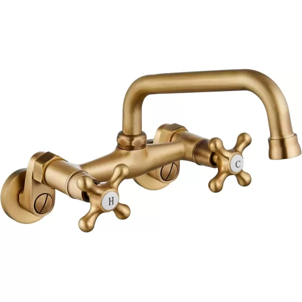 imagegotonovo Wall Mount Kitchen Faucet Matte Black Double Cross Handle Commercial 3 Inch to 9 Inch Adjustable Spread Mixer Tap with 9 inch Spout ReachAntique Brass