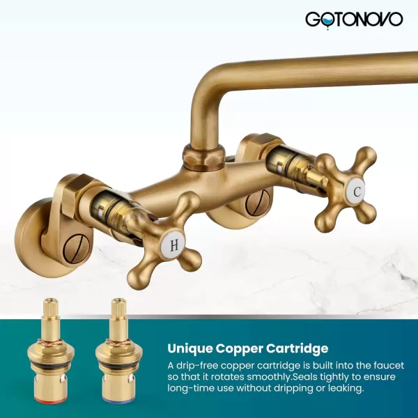 imagegotonovo Wall Mount Kitchen Faucet Matte Black Double Cross Handle Commercial 3 Inch to 9 Inch Adjustable Spread Mixer Tap with 9 inch Spout ReachAntique Brass