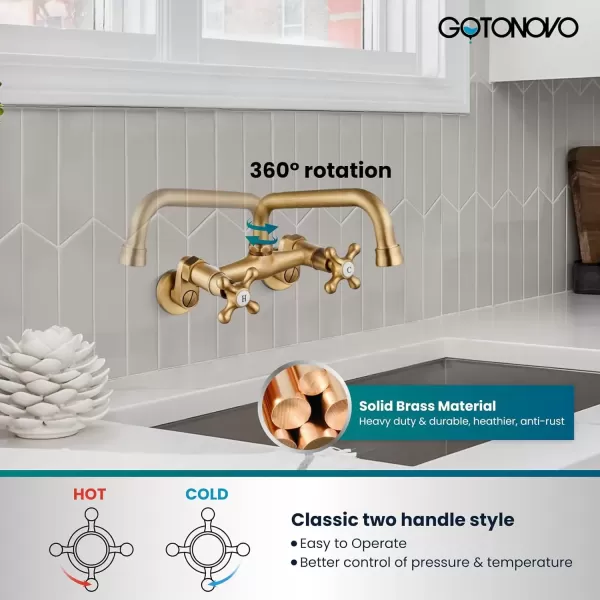 imagegotonovo Wall Mount Kitchen Faucet Matte Black Double Cross Handle Commercial 3 Inch to 9 Inch Adjustable Spread Mixer Tap with 9 inch Spout ReachAntique Brass
