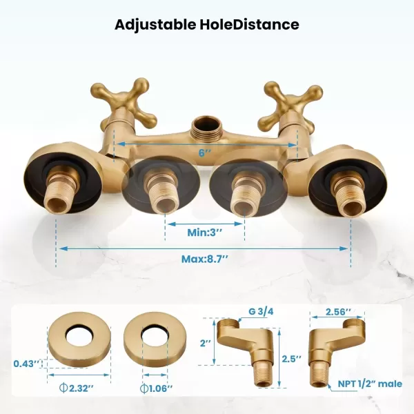 imagegotonovo Wall Mount Kitchen Faucet Matte Black Double Cross Handle Commercial 3 Inch to 9 Inch Adjustable Spread Mixer Tap with 9 inch Spout ReachAntique Brass