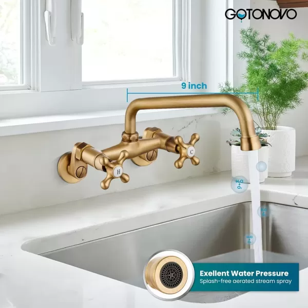 imagegotonovo Wall Mount Kitchen Faucet Matte Black Double Cross Handle Commercial 3 Inch to 9 Inch Adjustable Spread Mixer Tap with 9 inch Spout ReachAntique Brass
