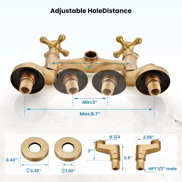 imagegotonovo Wall Mount Kitchen Faucet Matte Black Double Cross Handle Commercial 3 Inch to 9 Inch Adjustable Spread Mixer Tap with 9 inch Spout ReachAntique Brass
