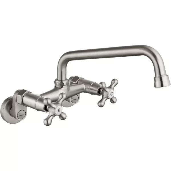 imagegotonovo Wall Mount Kitchen Faucet Matte Black Double Cross Handle Commercial 3 Inch to 9 Inch Adjustable Spread Mixer Tap with 9 inch Spout ReachBrushed Nickel