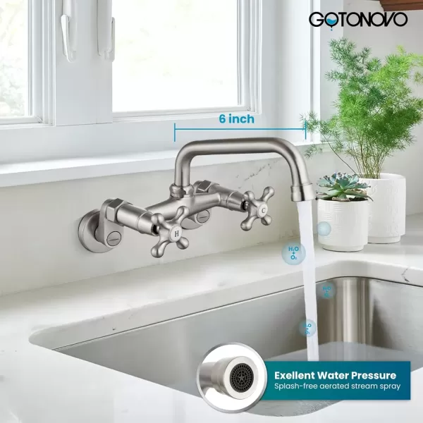 imagegotonovo Wall Mount Kitchen Faucet Matte Black Double Cross Handle Commercial 3 Inch to 9 Inch Adjustable Spread Mixer Tap with 9 inch Spout ReachBrushed Nickel