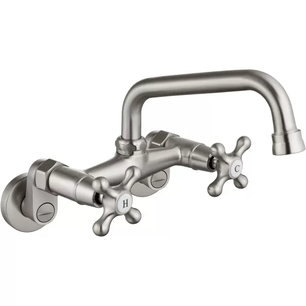 imagegotonovo Wall Mount Kitchen Faucet Matte Black Double Cross Handle Commercial 3 Inch to 9 Inch Adjustable Spread Mixer Tap with 9 inch Spout ReachBrushed Nickel