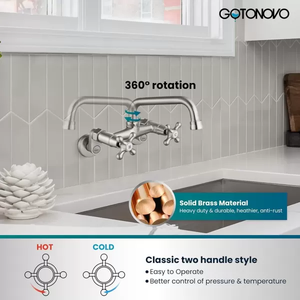 imagegotonovo Wall Mount Kitchen Faucet Matte Black Double Cross Handle Commercial 3 Inch to 9 Inch Adjustable Spread Mixer Tap with 9 inch Spout ReachBrushed Nickel
