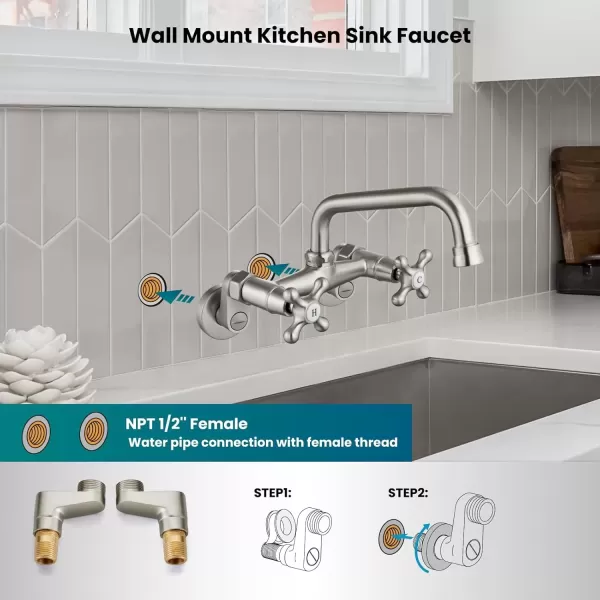 imagegotonovo Wall Mount Kitchen Faucet Matte Black Double Cross Handle Commercial 3 Inch to 9 Inch Adjustable Spread Mixer Tap with 9 inch Spout ReachBrushed Nickel