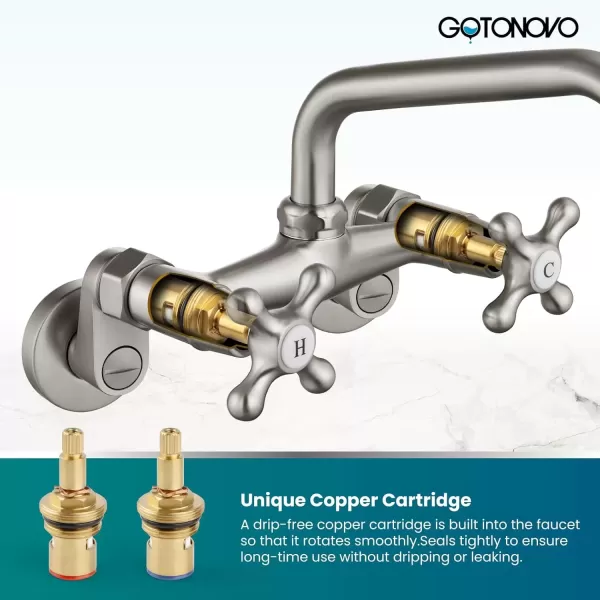 imagegotonovo Wall Mount Kitchen Faucet Matte Black Double Cross Handle Commercial 3 Inch to 9 Inch Adjustable Spread Mixer Tap with 9 inch Spout ReachBrushed Nickel