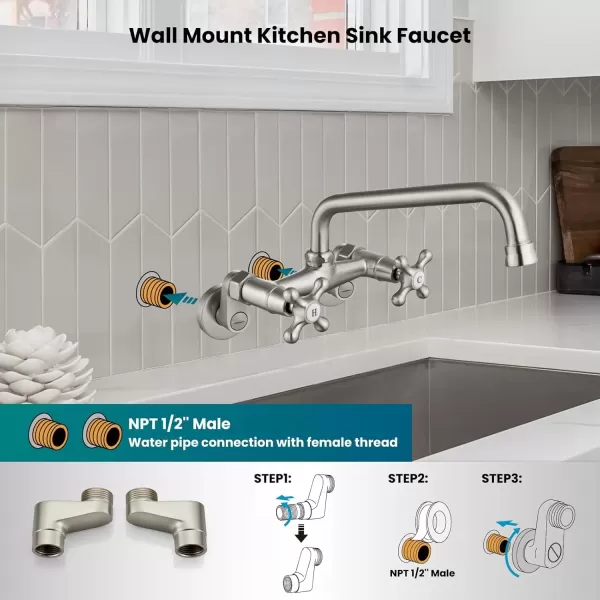 imagegotonovo Wall Mount Kitchen Faucet Matte Black Double Cross Handle Commercial 3 Inch to 9 Inch Adjustable Spread Mixer Tap with 9 inch Spout ReachBrushed Nickel