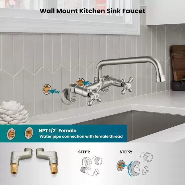 imagegotonovo Wall Mount Kitchen Faucet Matte Black Double Cross Handle Commercial 3 Inch to 9 Inch Adjustable Spread Mixer Tap with 9 inch Spout ReachBrushed Nickel