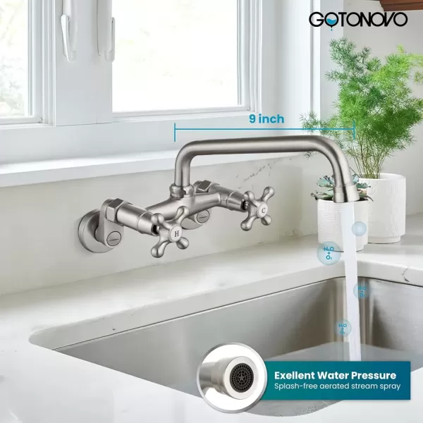 imagegotonovo Wall Mount Kitchen Faucet Matte Black Double Cross Handle Commercial 3 Inch to 9 Inch Adjustable Spread Mixer Tap with 9 inch Spout ReachBrushed Nickel