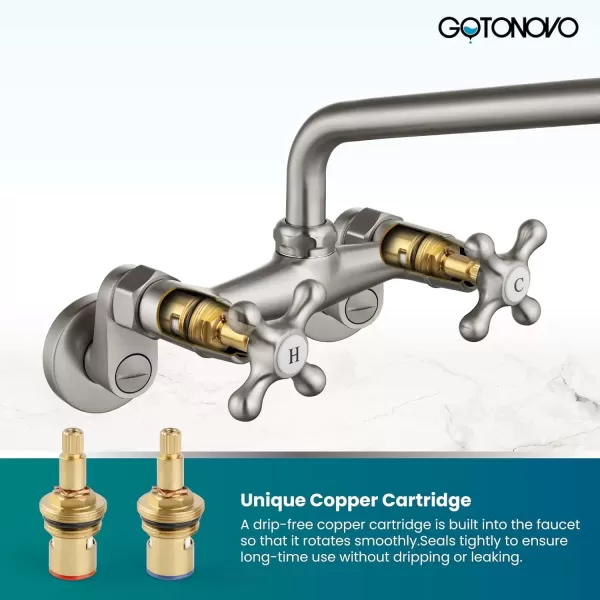 imagegotonovo Wall Mount Kitchen Faucet Matte Black Double Cross Handle Commercial 3 Inch to 9 Inch Adjustable Spread Mixer Tap with 9 inch Spout ReachBrushed Nickel