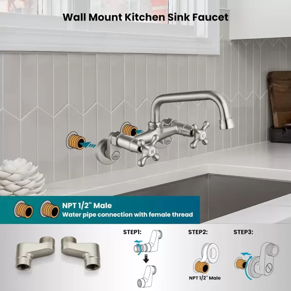 imagegotonovo Wall Mount Kitchen Faucet Matte Black Double Cross Handle Commercial 3 Inch to 9 Inch Adjustable Spread Mixer Tap with 9 inch Spout ReachBrushed Nickel