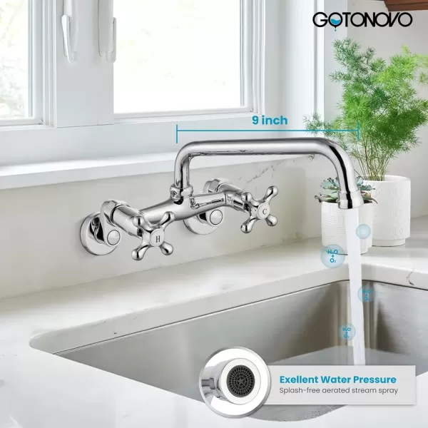 imagegotonovo Wall Mount Kitchen Faucet Matte Black Double Cross Handle Commercial 3 Inch to 9 Inch Adjustable Spread Mixer Tap with 9 inch Spout ReachChrome Polish