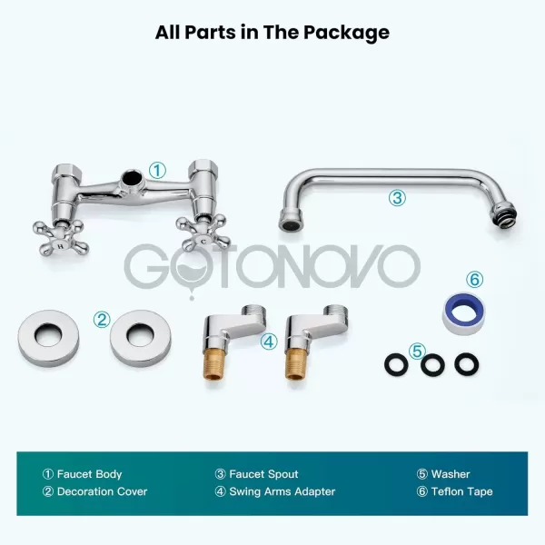 imagegotonovo Wall Mount Kitchen Faucet Matte Black Double Cross Handle Commercial 3 Inch to 9 Inch Adjustable Spread Mixer Tap with 9 inch Spout ReachChrome Polish