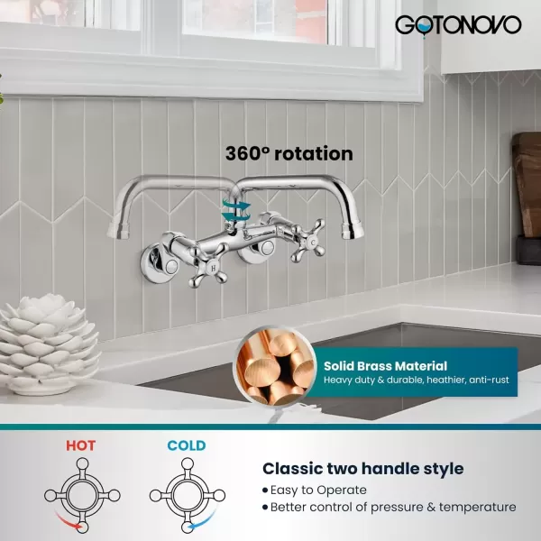 imagegotonovo Wall Mount Kitchen Faucet Matte Black Double Cross Handle Commercial 3 Inch to 9 Inch Adjustable Spread Mixer Tap with 9 inch Spout ReachChrome Polish