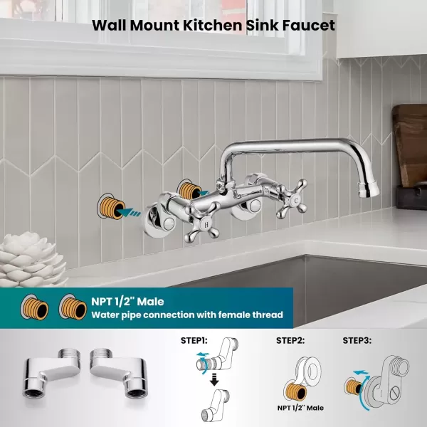 imagegotonovo Wall Mount Kitchen Faucet Matte Black Double Cross Handle Commercial 3 Inch to 9 Inch Adjustable Spread Mixer Tap with 9 inch Spout ReachChrome Polish