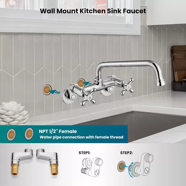 imagegotonovo Wall Mount Kitchen Faucet Matte Black Double Cross Handle Commercial 3 Inch to 9 Inch Adjustable Spread Mixer Tap with 9 inch Spout ReachChrome Polish
