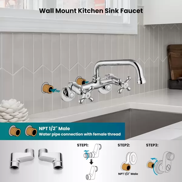 imagegotonovo Wall Mount Kitchen Faucet Matte Black Double Cross Handle Commercial 3 Inch to 9 Inch Adjustable Spread Mixer Tap with 9 inch Spout ReachChrome Polish