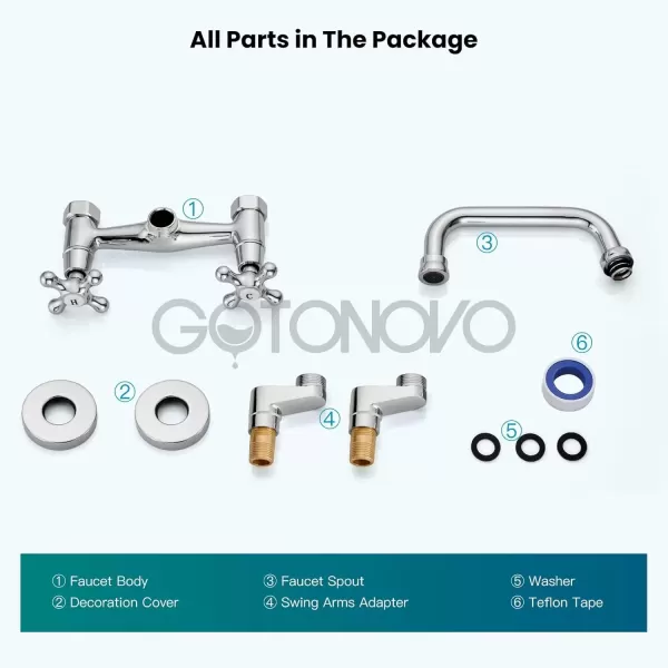 imagegotonovo Wall Mount Kitchen Faucet Matte Black Double Cross Handle Commercial 3 Inch to 9 Inch Adjustable Spread Mixer Tap with 9 inch Spout ReachChrome Polish