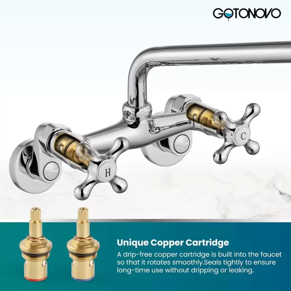 imagegotonovo Wall Mount Kitchen Faucet Matte Black Double Cross Handle Commercial 3 Inch to 9 Inch Adjustable Spread Mixer Tap with 9 inch Spout ReachChrome Polish