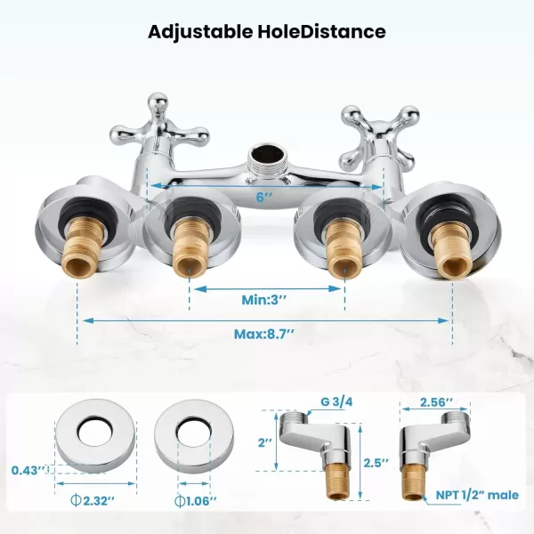 imagegotonovo Wall Mount Kitchen Faucet Matte Black Double Cross Handle Commercial 3 Inch to 9 Inch Adjustable Spread Mixer Tap with 9 inch Spout ReachChrome Polish
