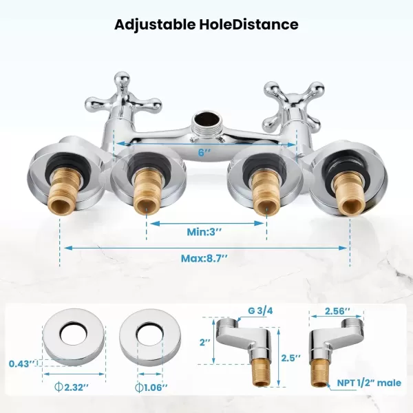 imagegotonovo Wall Mount Kitchen Faucet Matte Black Double Cross Handle Commercial 3 Inch to 9 Inch Adjustable Spread Mixer Tap with 9 inch Spout ReachChrome Polish