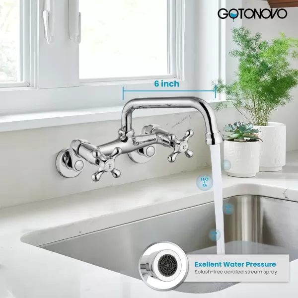 imagegotonovo Wall Mount Kitchen Faucet Matte Black Double Cross Handle Commercial 3 Inch to 9 Inch Adjustable Spread Mixer Tap with 9 inch Spout ReachChrome Polish