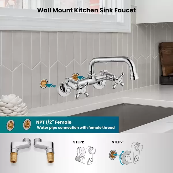 imagegotonovo Wall Mount Kitchen Faucet Matte Black Double Cross Handle Commercial 3 Inch to 9 Inch Adjustable Spread Mixer Tap with 9 inch Spout ReachChrome Polish
