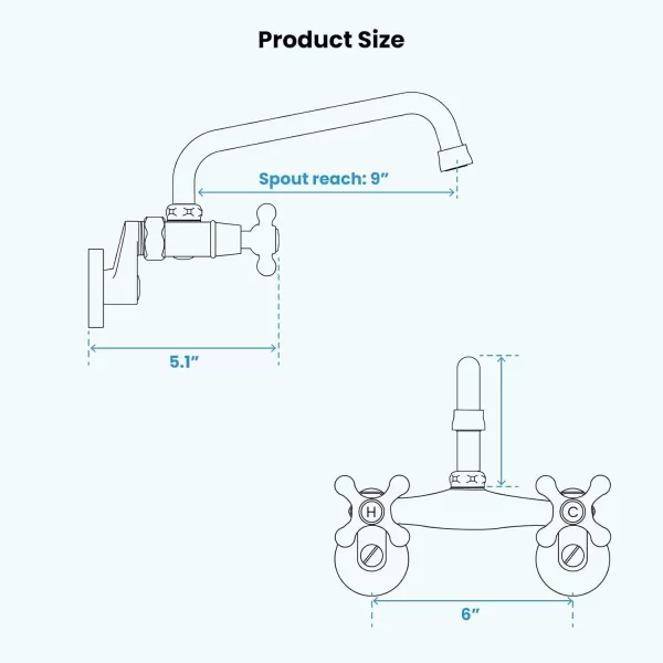 imagegotonovo Wall Mount Kitchen Faucet Matte Black Double Cross Handle Commercial 3 Inch to 9 Inch Adjustable Spread Mixer Tap with 9 inch Spout ReachChrome Polish