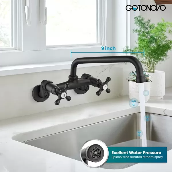 imagegotonovo Wall Mount Kitchen Faucet Matte Black Double Cross Handle Commercial 3 Inch to 9 Inch Adjustable Spread Mixer Tap with 9 inch Spout ReachMatte Black
