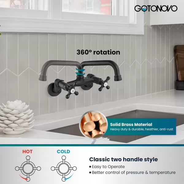 imagegotonovo Wall Mount Kitchen Faucet Matte Black Double Cross Handle Commercial 3 Inch to 9 Inch Adjustable Spread Mixer Tap with 9 inch Spout ReachMatte Black
