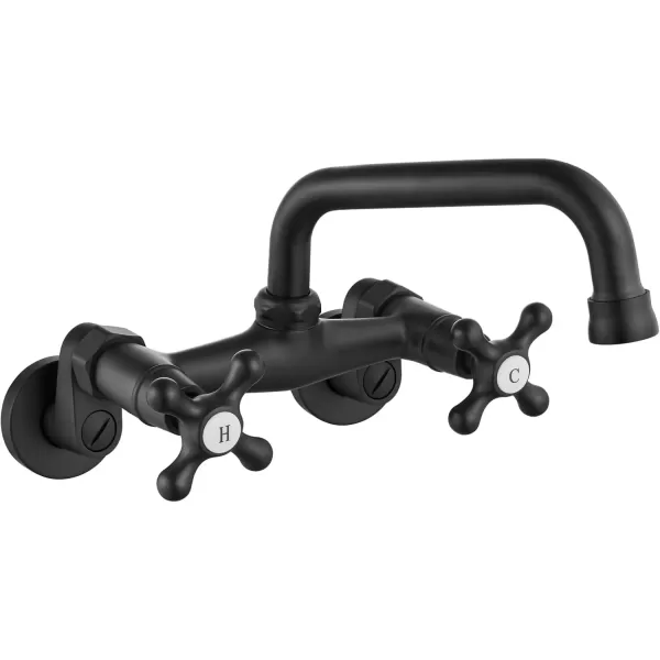 imagegotonovo Wall Mount Kitchen Faucet Matte Black Double Cross Handle Commercial 3 Inch to 9 Inch Adjustable Spread Mixer Tap with 9 inch Spout ReachMatte Black