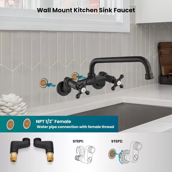 imagegotonovo Wall Mount Kitchen Faucet Matte Black Double Cross Handle Commercial 3 Inch to 9 Inch Adjustable Spread Mixer Tap with 9 inch Spout ReachMatte Black