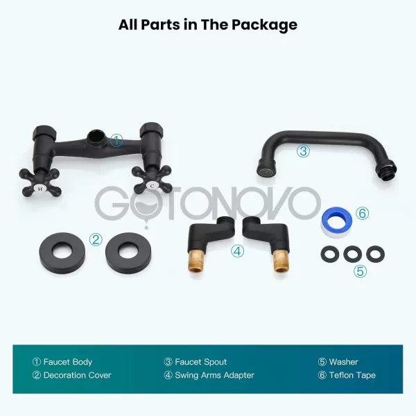 imagegotonovo Wall Mount Kitchen Faucet Matte Black Double Cross Handle Commercial 3 Inch to 9 Inch Adjustable Spread Mixer Tap with 9 inch Spout ReachMatte Black
